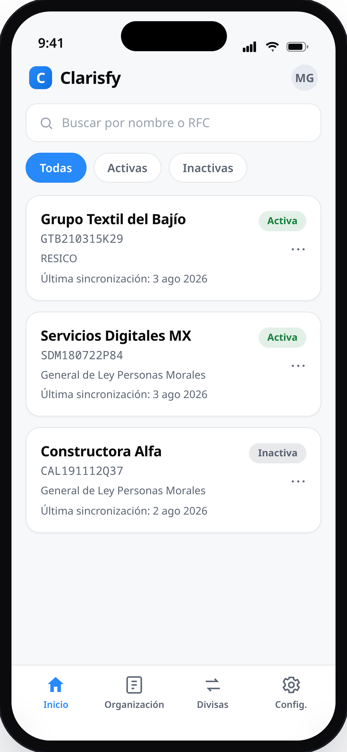 Pantalla de inicio de la app Clarisfy con el listado de RFCs